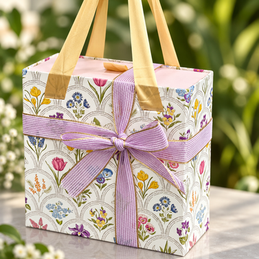 Floral paper gift bag tied with a lilac ribbon